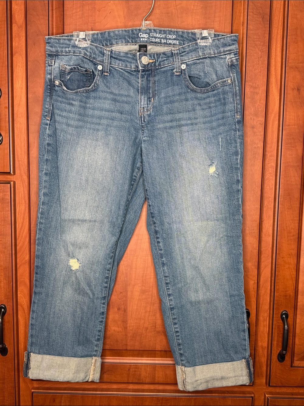 GAP Medium Blue Straight Crop Jeans with Cuffed Hem, Size: 12